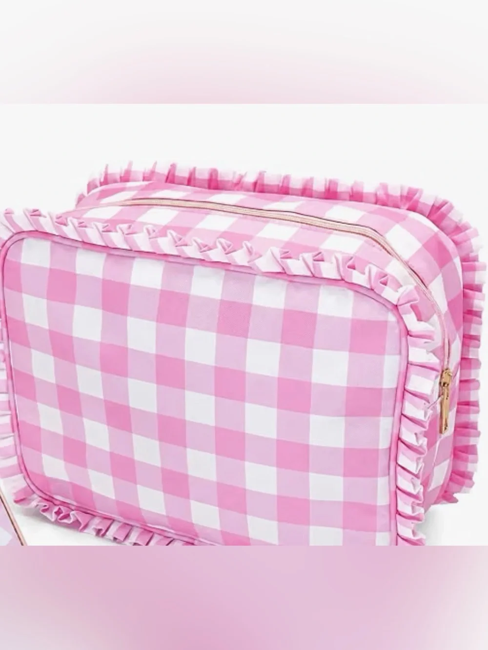 Pink Gingham Ruffle Cosmetic Bag - Women Bags